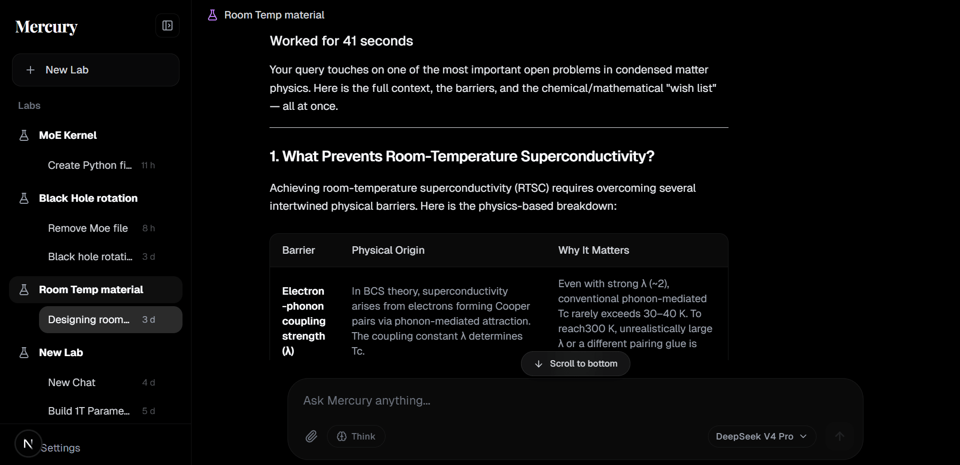 Mercury analyzing room-temperature superconductivity with structured scientific reasoning
