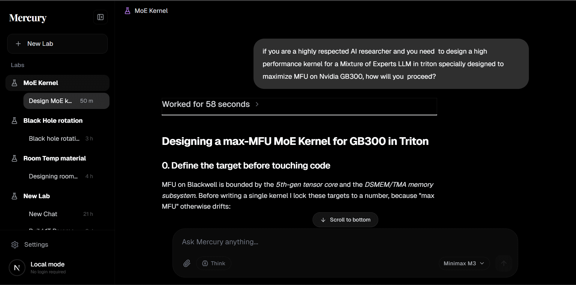 Mercury research workspace showing an AI lab session and scientific reasoning output